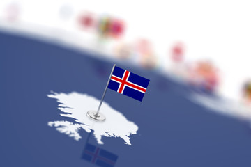 Iceland flag in the focus. Europe map with countries flags