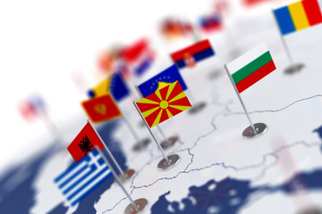 Macedonia flag in the focus. Europe map with countries flags