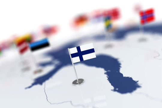 Finland flag in the focus. Europe map with countries flags