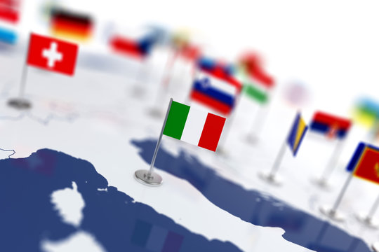 Italy flag in the focus. Europe map with countries flags
