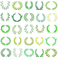 Hand drawn decorative floral set of 25 wreaths made in vector. Unique collection of laurel wreaths and branches in green color.