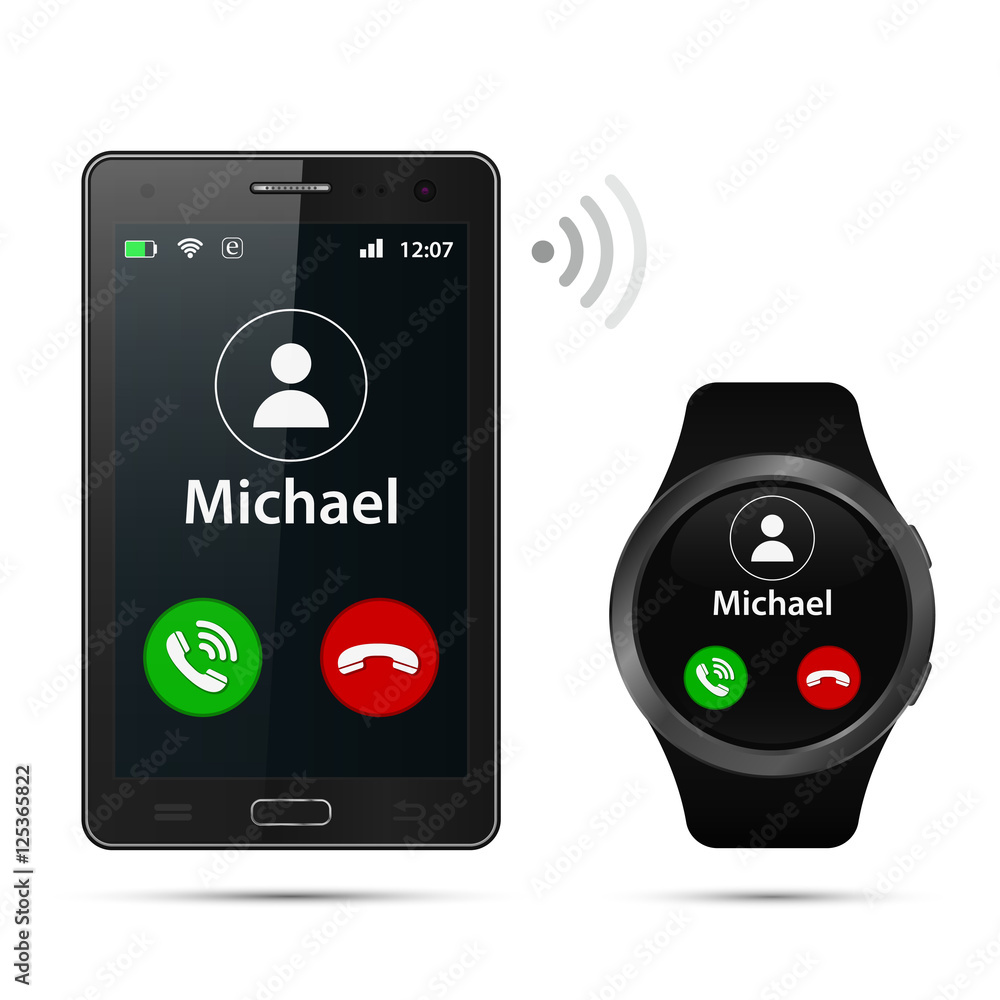 Poster realistic smartphone and smartwatch with incoming call on display vector isolated illustration.