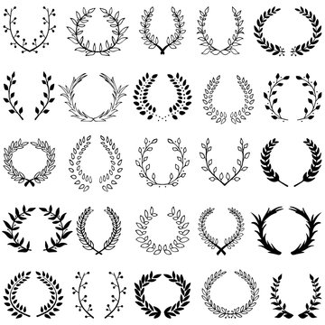 Hand drawn decorative floral set of 25 wreaths made in vector. Unique collection of laurel wreaths and branches