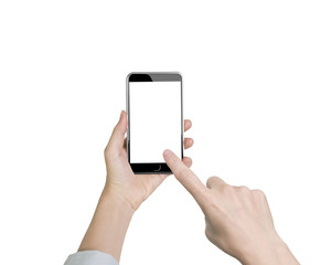 Woman hand holding smart phone with forefinger touching white sc