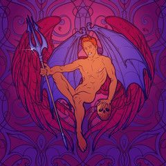 Young sexy demon with bat wings sitting and holding trident and human skull. Pinup and art Nouveau eclectic style. Intricate hand drawing, rich detailed beckground. Gay hint. EPS10 vector illustration