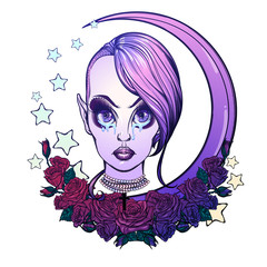 Beautiful teenaged girl with kawaii weeping eyes, sensual lips and trandy haircut. Pastel Goth Halloween concept art. Frame of stars roses and moon. Tattoo design. EPS10 isolated vector illustration.