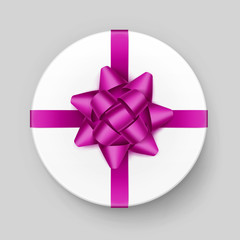Vector White Round Gift Box with Shiny Magenta Dark Pink Bow and Ribbon Top View Close up on Background