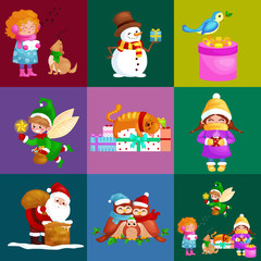 Illustration set animals winter holiday North Pole penguins presents and sledding down the hills,bears under snow elf boxes,deer skating,walrus in hat,vector angel.Merry Christmas and Happy New Year.