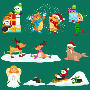 Illustration set animals winter holiday North Pole penguins presents and sledding down the hills,bears under snow elf boxes,deer skating,walrus in hat,vector angel.Merry Christmas and Happy New Year