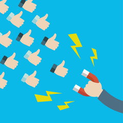 Concept of attracting thumb up and clients from social network. Hand holding magnet. Vector illustration in flat style.