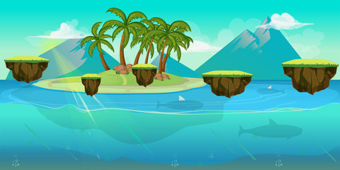 Background for games apps or mobile development. Cartoon nature landscape with sea  ocean and palms. Vector illustration  design graphics print  book . Stock .