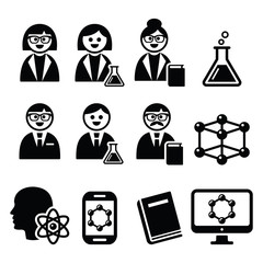 Scientist woman and man, science icons set 