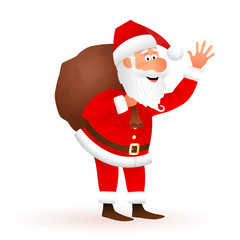 Santa Claus vector cartoon illustration. Flat funny old man character carrying sack with gifts, waving hand isolated on white background. Christmas decoration design.