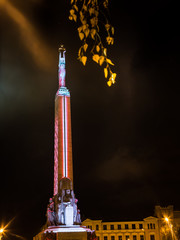 Beautifuly lit Monument of Freedom in Riga, Latvia