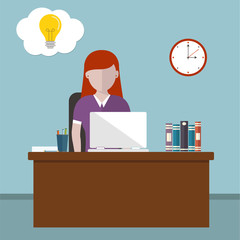 Workday and workplace concept. Vector illustration of a woman in the office having idea