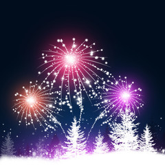 Fototapeta na wymiar Fireworks in snow Forest