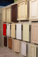 Various samples of kitchen furniture in the exhibition hall. Sal