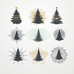 Obraz premium Vector illustration of different christmas trees with starburst.