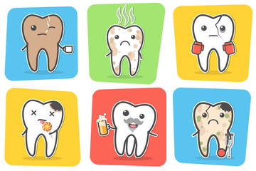 Set of sick problematic and unhealthy teeth.
