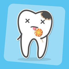 Bad tooth with caries cavity and lollipop.