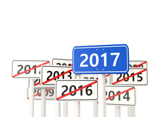 2017 New year on blue road sign.