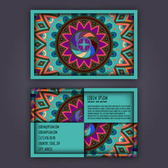 Vector vintage visiting card set. Floral mandala pattern and ornaments. Oriental design Layout. Islam, Arabic, Indian, ottoman motifs.