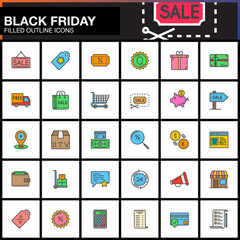 Black Friday Sale line icons set, Shopping filled outline vector symbol collection, linear colorful pictogram pack isolated on white, logo illustration
