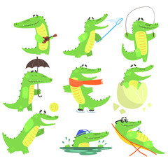 Naklejka premium Humanized Crocodile Character Every Day Activities Collection Of Illustrations