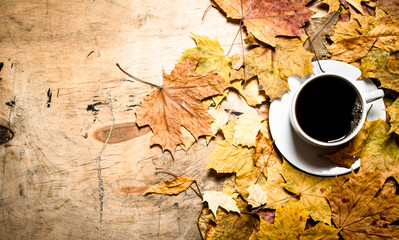 Autumn style. A Cup of hot coffee with maple leaves.