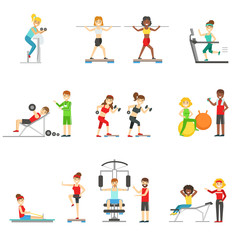 People In Fitness Center Exercising Under COntrol Of Personal Trainer