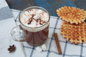 Christmas hot cocoa with marshmallows and milk. tree branches, cinnamon, and cookies on a napkin