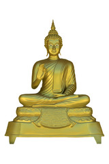 Image of golden buddha statue on white background.