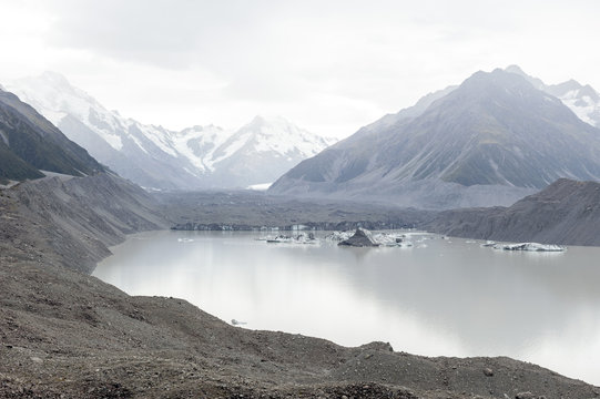 Tasman Glacier viewpoint where New Zealand’s longest glacier begins and the lower reaches where the ice meets the terminal lake, Aoraki / Mount Cook National Park
