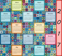 Calendar 2017. Vintage decorative colorful elements. Ornamental floral oriental pattern, vector illustration.