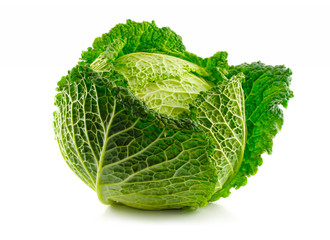 Green Savoy cabbage vegetable isolated on white - obrazy, fototapety, plakaty