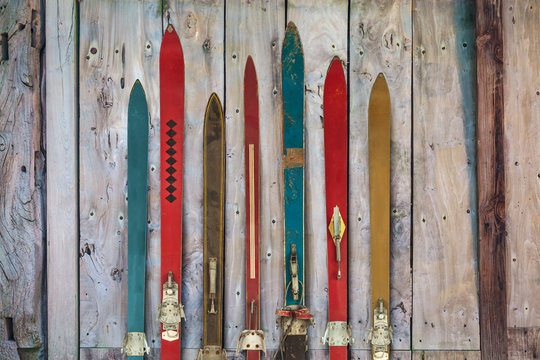 Collection of vintage wooden weathered ski's