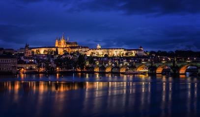 Fototapeta na wymiar Vltava River, Charles Bridge and Prague Castle at night, Prague,