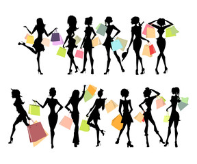 Shopping sillhouettes set. Black sillhouettes of women with colorful shopping bags on white background. Elegant, young and slim women.
