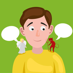Man with angel and devil on his shoulder vector