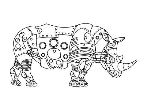 Steampunk style rhinoceros coloring book vector