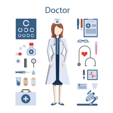 Isolated professional female doctor on white background. Doctor in whites with all the tools and equipment as stethoscope, medicine and more.
