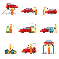 Fototapeta na wymiar Car Repair Shop Services Set Of Illustrations