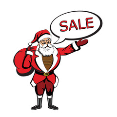 Santa with sale. Isolated Santa Claus in red costume with red bag of gifts saying Sale on white background.
