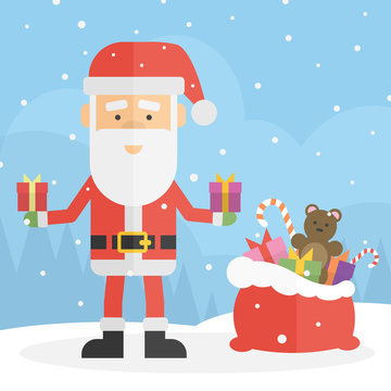Cartoon Santa Claus. Funny Santa with big bag of toys and two gifts in the hands. Standing on the snow with snowflakes.