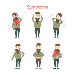 Different symptoms set. Isolated cartoon man showing symptoms of desease or flu. Headache, dizziness, nausea.