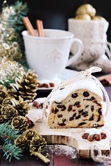 Christmas stollen.Traditional German festive dessert. Selective focus 