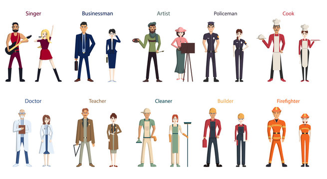 Different professions set. Isolated cartoon characters on white background. All kinds of professional activities as teacher, doctor, firefighter and more.