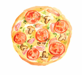 Isolated watercolor pizza on white background