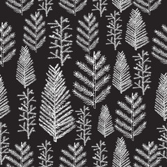 Seamless pattern with christmas tree and pine fir branches, hand drawn vector illustration, winter holiday background