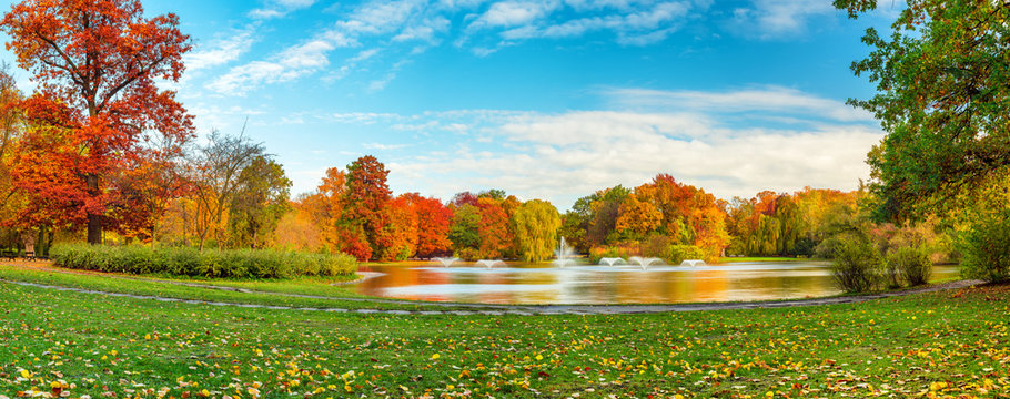 Beautiful fall landscape and cloudy sky. Autumn panorama - yellowed trees in city park in cloudy weather. Pond with fountains in South Park, Wroclaw Poland. © DenisNata